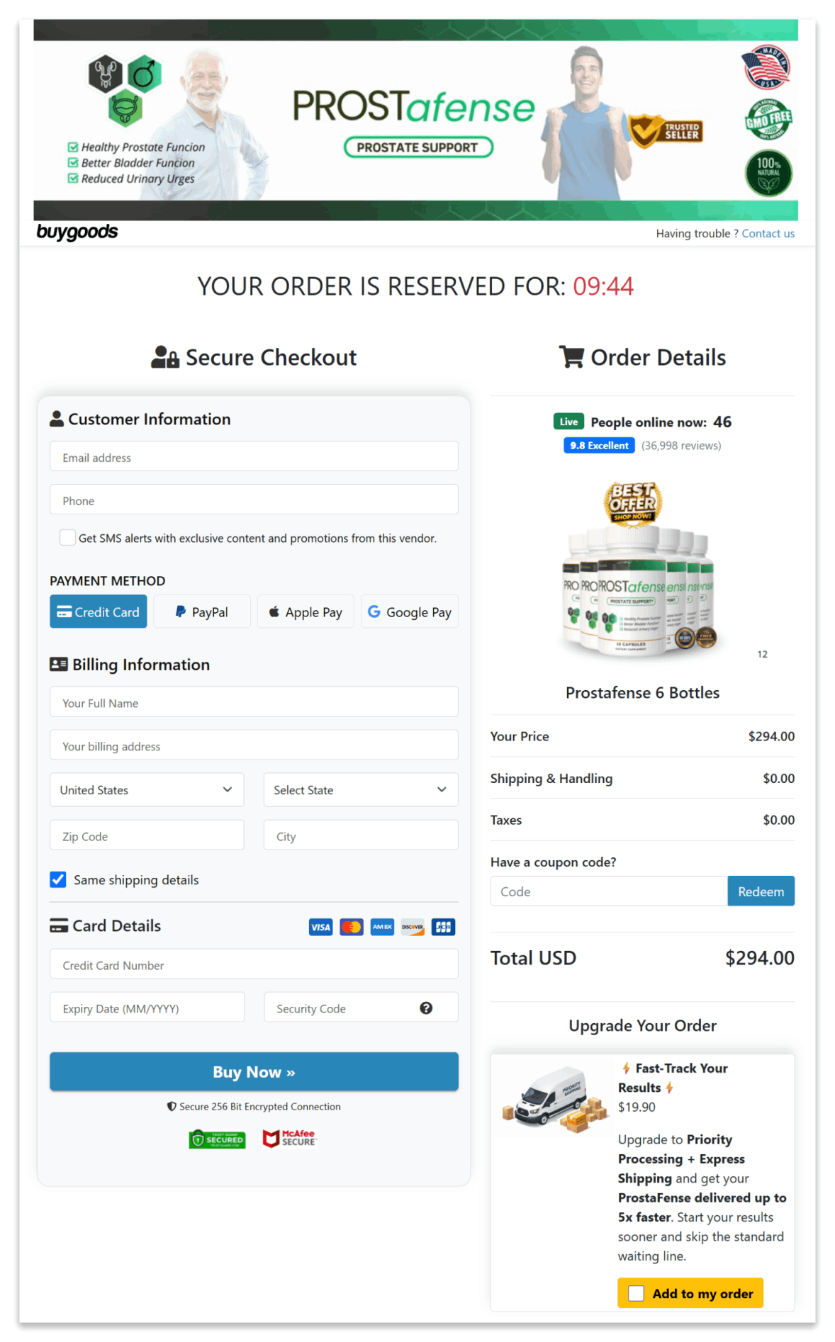 ProstAfense Secure Checkout Page